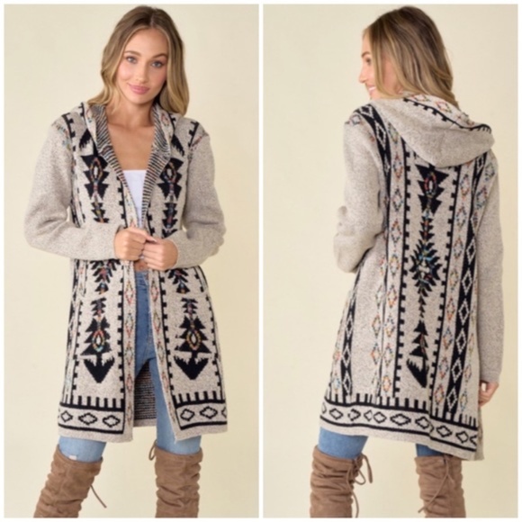 Sweaters - SOLD OUT Oatmeal Aztec Rainbow Western Hooded Knit Cardigan Long Sleeve Open